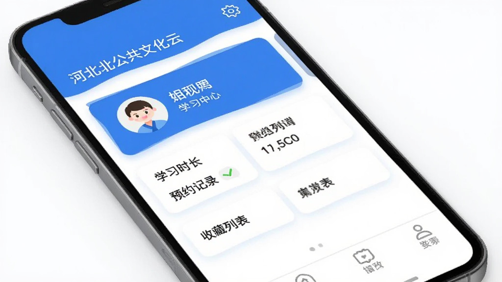 河北公共文化云个人中心界面,手机屏幕显示“河北公共文化云”文字和个人头像、昵称、学习时长、预约记录、收藏列表等模块,界面顶部有设置图标,底部有导航栏,布局为上下结构,风格简洁,蓝色和白色搭配,画质干净,无多余元素