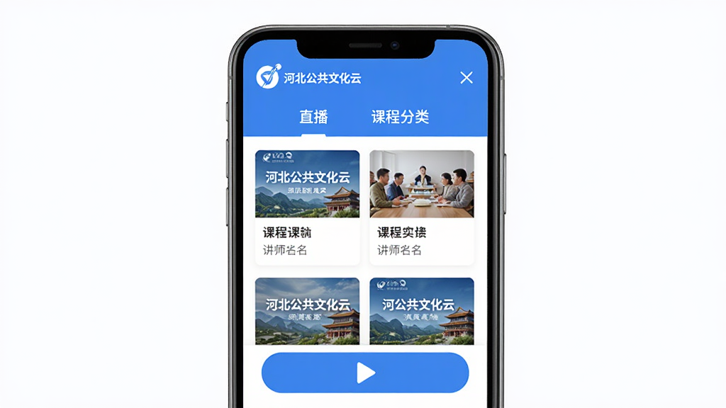 河北公共文化云线上课程界面,手机屏幕显示“河北公共文化云”文字和课程卡片列表,卡片包含课程封面图、课程名称、讲师姓名,界面顶部有直播和课程分类标签,底部有播放按钮,布局整齐,风格清新,蓝色为主色调,画质干净,无多余元素