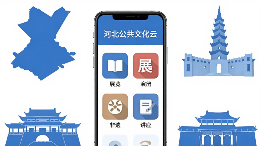 河北公共文化云功能展示图,画面中央是手机界面,屏幕里显示“河北公共文化云”文字和多个文化资源图标,包括图书、展览、演出、非遗、讲座等,图标下方有对应标签,周围环绕河北省各地地标建筑简笔画,布局为上下结构,风格扁平化,蓝色调和白色背景,细节清晰,画质干净,无多余元素