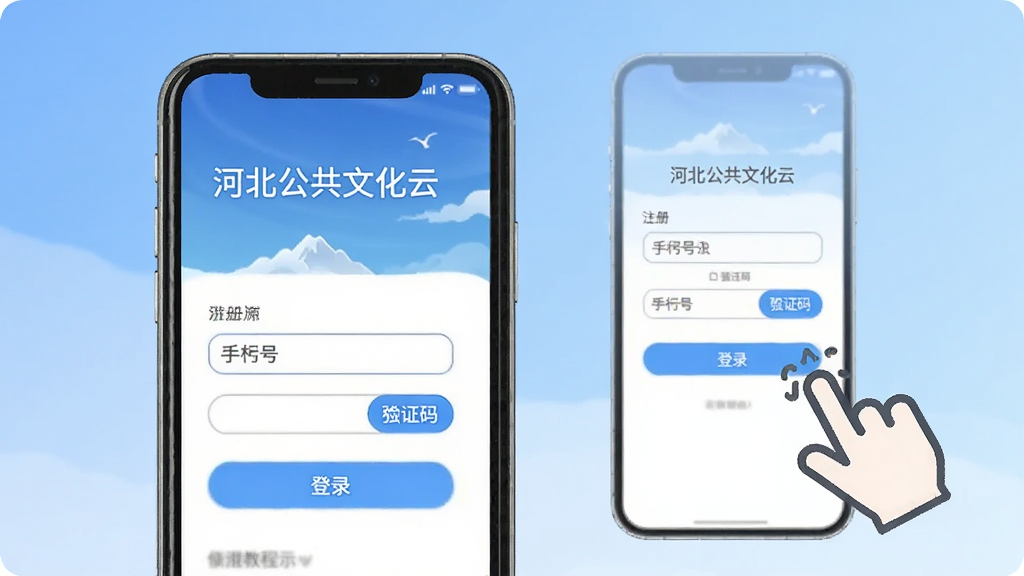 河北公共文化云使用教程示意图,手机屏幕显示“河北公共文化云”文字和注册登录界面,界面中有手机号输入框、验证码按钮、登录按钮,旁边有手指点击的图标,背景为浅蓝色渐变,布局简洁,风格现代,画质干净,无多余元素