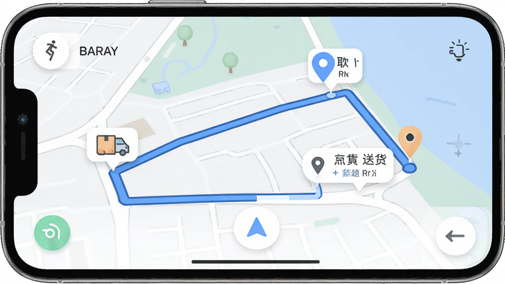 Baray骑手应用内导航界面,手机横屏显示地图路线,蓝色路线标注电动车可行路径,沿途有取货点和送货点标记,界面简洁,字体清晰,配色柔和,画质干净无多余元素