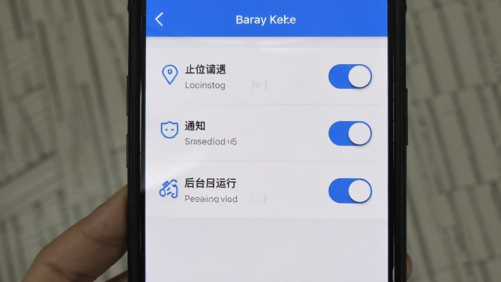 手机屏幕展示Baray骑手权限设置界面,列表显示定位、通知、后台运行等权限开关,界面简洁,字体清晰,以蓝色和白色为主色调,画质干净无多余元素