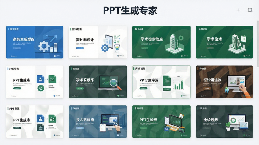 PPT生成专家模板库界面,画面中展示多张不同风格的PPT模板缩略图整齐排列,包括商务蓝、简约白、学术绿等配色,每张缩略图上有简单的文字和图表示意,顶部有“PPT生成专家”文字标识,界面布局清晰,风格现代扁平,画质干净,无多余元素