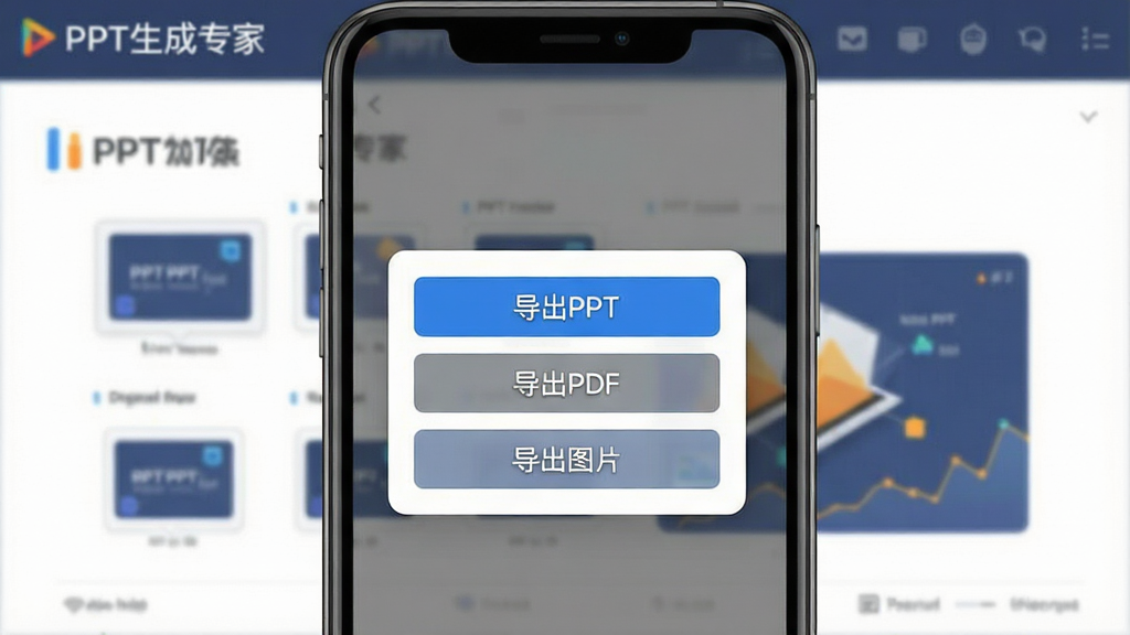 PPT生成专家导出分享界面,画面中手机屏幕显示导出选项弹窗,有“导出PPT”“导出PDF”“导出图片”三个按钮,背景是已完成的幻灯片预览,顶部有“PPT生成专家”文字标识,界面简洁明了,风格现代扁平,画质干净,无多余元素