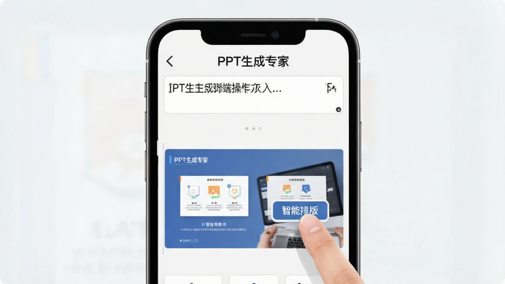 PPT生成专家手机端操作界面,画面中手机屏幕显示编辑页面,上方是文字输入框,下方是自动生成的幻灯片预览,手指正在点击“智能排版”按钮,顶部有“PPT生成专家”文字标识,背景简洁,风格现代扁平,画质干净,无多余元素