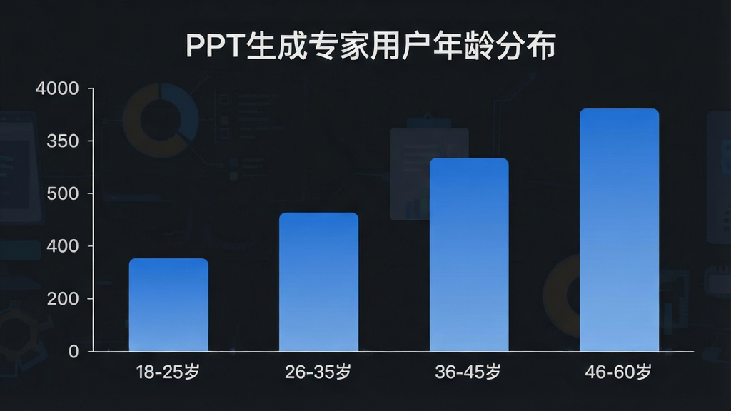 PPT生成专家用户年龄分布柱状图,画面中显示一个柱状图表,横轴标注“18-25岁”“26-35岁”“36-45岁”“46-60岁”,纵轴标注人数占比,柱子颜色为蓝色渐变,顶部有“PPT生成专家用户年龄分布”文字标识,图表清晰,风格现代扁平,画质干净,无多余元素