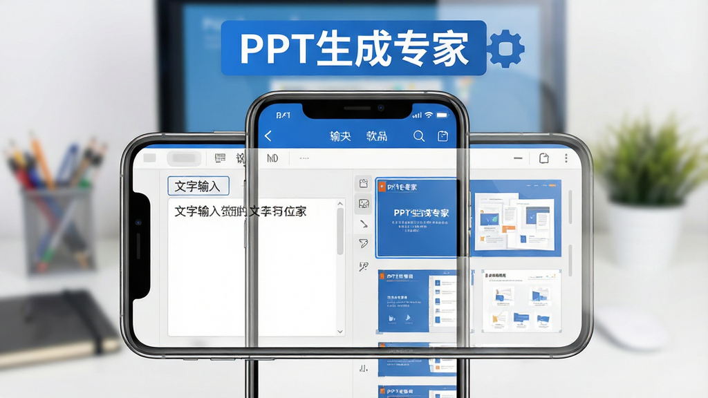PPT生成专家软件主界面展示,画面中央是手机屏幕,屏幕上显示一个简洁的PPT编辑界面,左侧是文字输入框,右侧是自动生成的幻灯片预览图,配色以蓝白为主,顶部有“PPT生成专家”文字标识,背景是虚化的办公桌面场景,风格现代扁平,细节清晰,画质干净,无多余元素