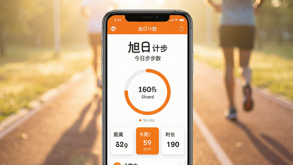 旭日计步 软件主界面展示图,画面中央是一部智能手机,手机屏幕显示旭日计步应用的主页,页面顶部有今日步数大字显示,中间有圆形进度条展示目标完成度,下方有距离、卡路里、时长三个数据卡片,界面以白色和橙色为主色调,风格简洁清爽,背景是清晨阳光洒在跑步道上的虚化场景,整体画质干净明亮,无多余元素