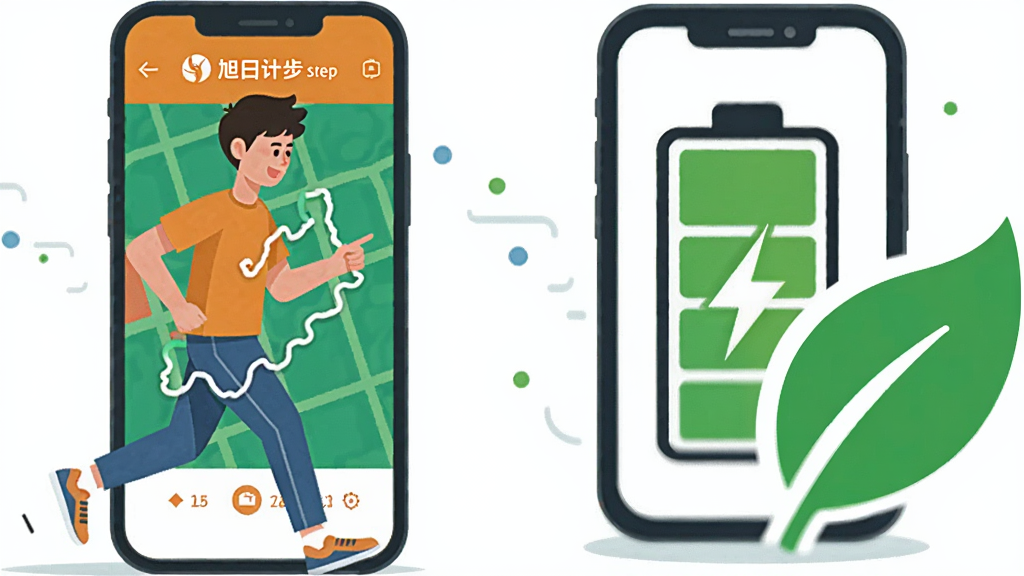旭日计步 功能展示图,画面左侧是一位年轻人边走路边看手机,手机屏幕显示旭日计步的跑步轨迹地图,右侧是手机电池图标和绿叶图标组合,象征省电环保,整体风格扁平化插画,色彩明快,画面干净无杂乱文字