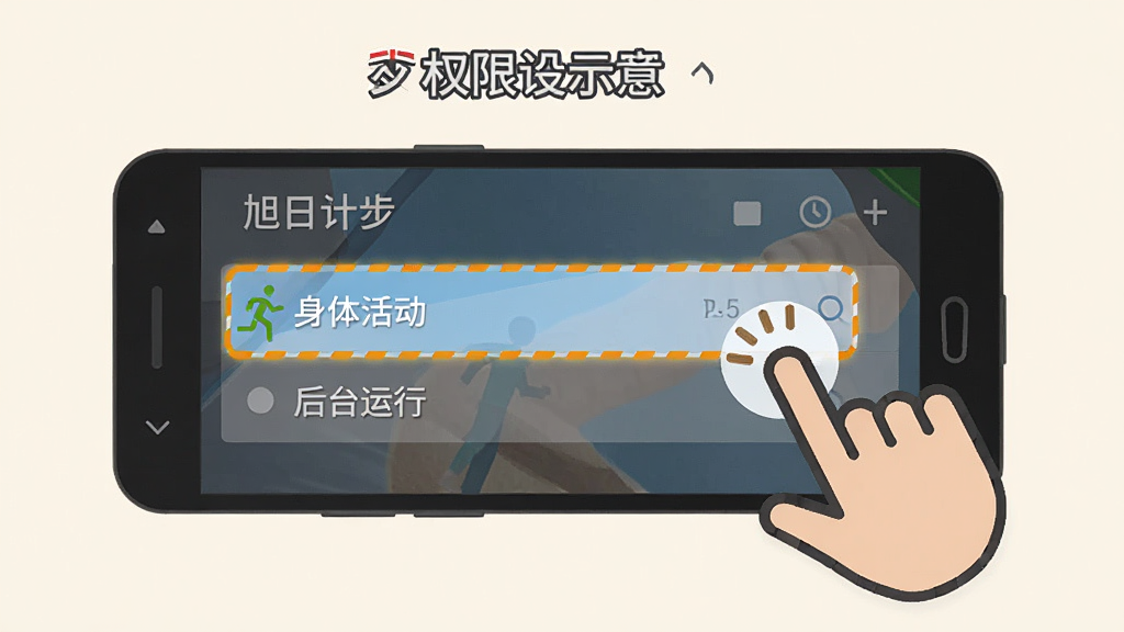 旭日计步 权限设置示意图,画面中一部安卓手机显示设置界面,高亮标注“身体活动”权限和“后台运行”选项,旁边有手指点击的图标,整体风格为扁平化UI示意图,背景浅色,画质清晰干净,文字标注简洁