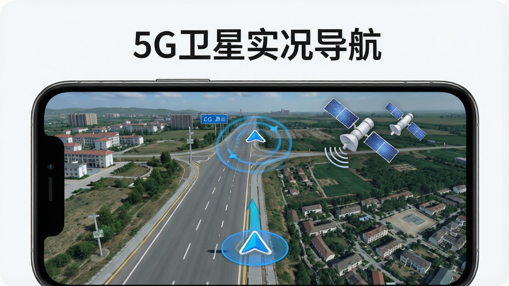 一张展示5G卫星实况导航核心全貌的图片,主体为手机屏幕显示实景导航画面,画面中道路与卫星地图融合,屏幕上方有“5G卫星实况导航”字样,布局居中,排版简洁,风格现代科技感,细节包含蓝色定位光标和卫星图标,画质高清干净无多余元素