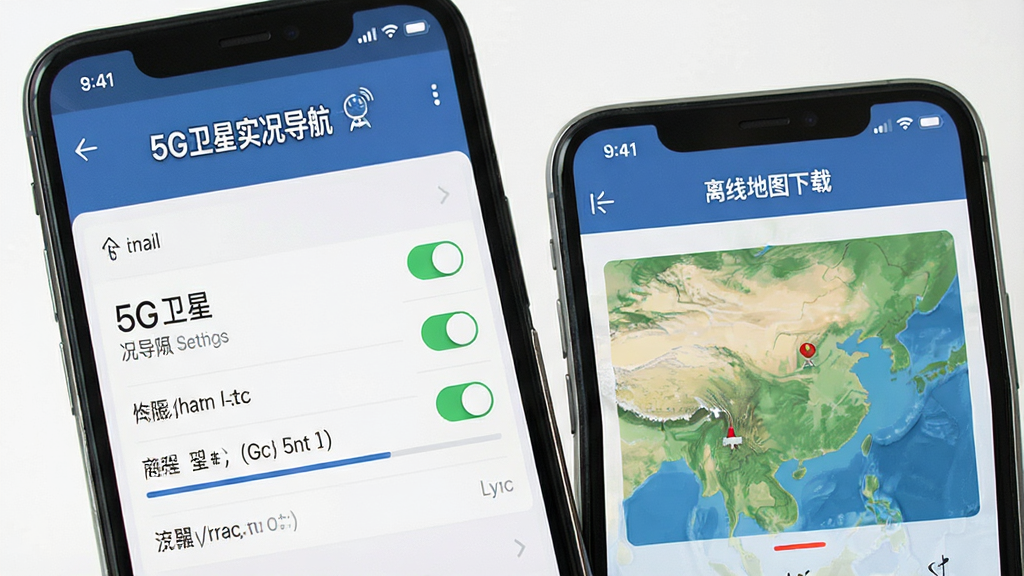 一张展示5G卫星实况导航新手设置界面的图片,主体为手机屏幕显示权限设置和离线地图下载页面,画面中有“5G卫星实况导航”文字标识,布局为列表式选项,排版整齐,风格扁平化,细节包含开关按钮和下载进度条,画质干净无多余元素