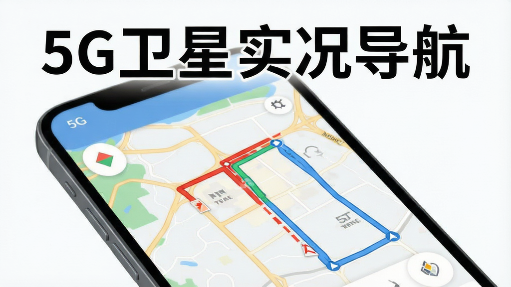 一张展示5G卫星实况导航智能路线规划功能的图片,主体为手机屏幕显示地图路线规划界面,画面中有“5G卫星实况导航”文字标识,布局为地图上多条彩色路线,排版清晰,风格扁平化设计,细节包含红色拥堵路段和蓝色备选路线,画质干净无多余元素