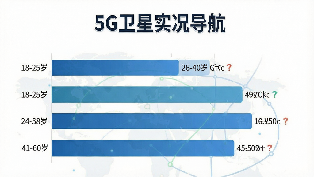 一张展示5G卫星实况导航用户年龄分布的柱状图,主体为不同年龄段人数占比,画面中有“5G卫星实况导航”文字标识,布局为横向柱状图,排版清晰,风格数据可视化,细节包含18-25岁、26-40岁、41-60岁三组数据柱,画质干净无多余元素