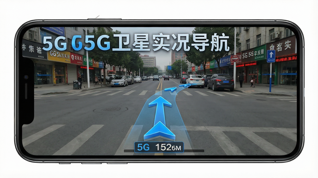 一张展示5G卫星实况导航实景导航功能的图片,主体为手机屏幕显示真实街道画面叠加AR导航箭头,画面中有“5G卫星实况导航”文字标识,布局为全屏实景,排版突出箭头指引,风格写实科技风,细节包含蓝色转向箭头和距离数字,画质清晰干净无多余元素