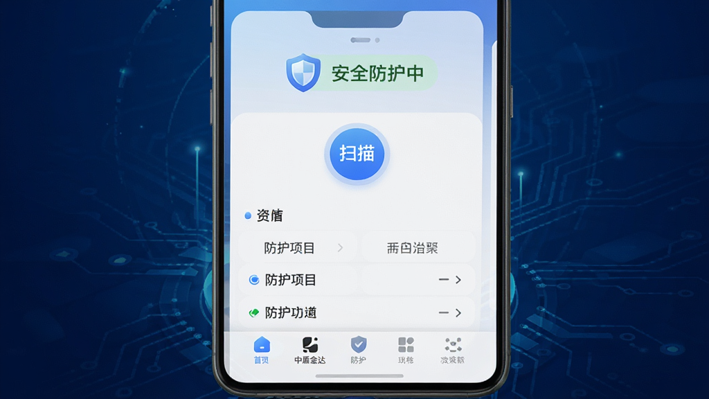 中盾金达手机安全防护软件主界面展示,画面中央是手机屏幕,屏幕内显示中盾金达应用界面,顶部有盾牌图标和“安全防护中”状态提示,中间是扫描按钮和防护项目列表,底部是功能导航栏,背景为深蓝色科技感渐变,整体风格简洁现代,图标圆润清晰,画质干净无多余元素