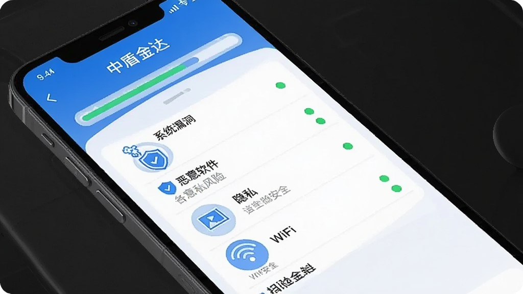 中盾金达一键体检扫描功能展示,手机屏幕显示扫描进度条和各项检测项目图标,包括系统漏洞、恶意软件、隐私风险、WiFi安全等,每个项目旁边有状态标识,界面以蓝白配色为主,风格清爽,布局整齐,画质清晰无杂乱元素