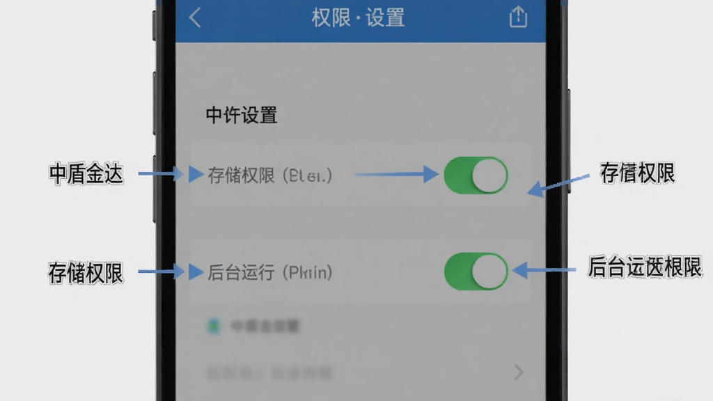 中盾金达新手设置操作指引图,手机屏幕显示权限设置界面,标注出存储权限和后台运行权限的开关位置,旁边有箭头和文字说明,背景为浅灰色,风格简洁清晰,画质干净无多余装饰