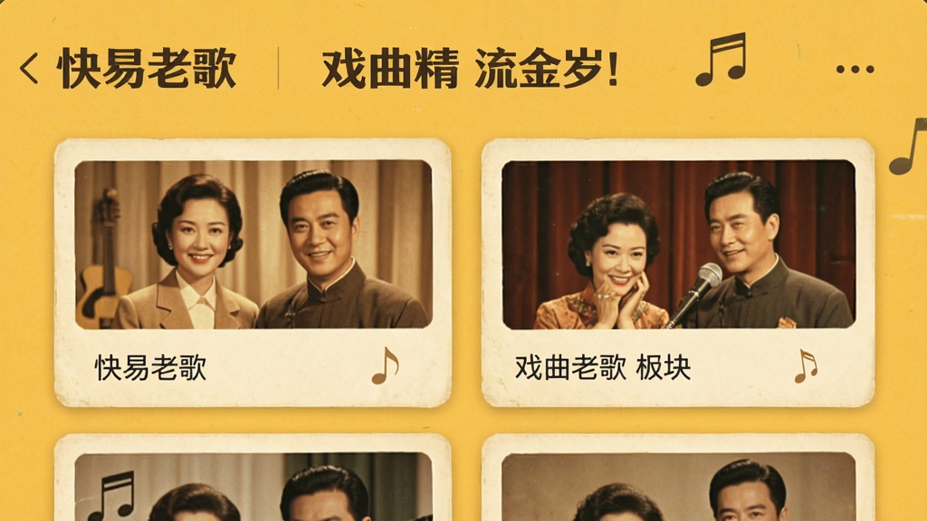 快易老歌免费 音乐分类界面 展示流金岁月和戏曲精选板块 卡片式布局 暖黄底色 文字清晰 风格复古温馨 干净无杂乱元素