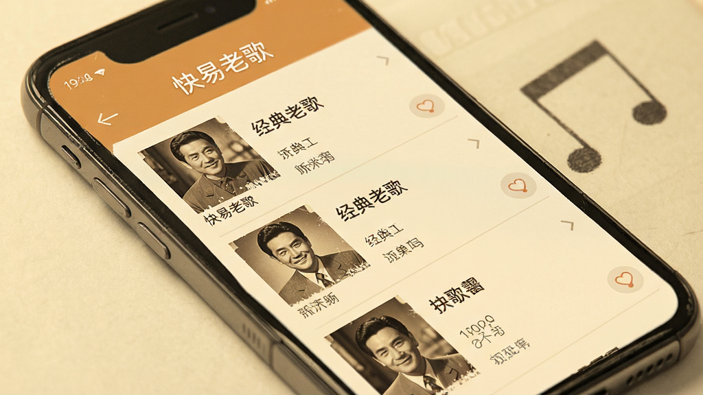 快易老歌免费 手机应用主界面 展示经典老歌歌单列表 暖色调 怀旧风格 简约排版 干净无多余元素 高清画质