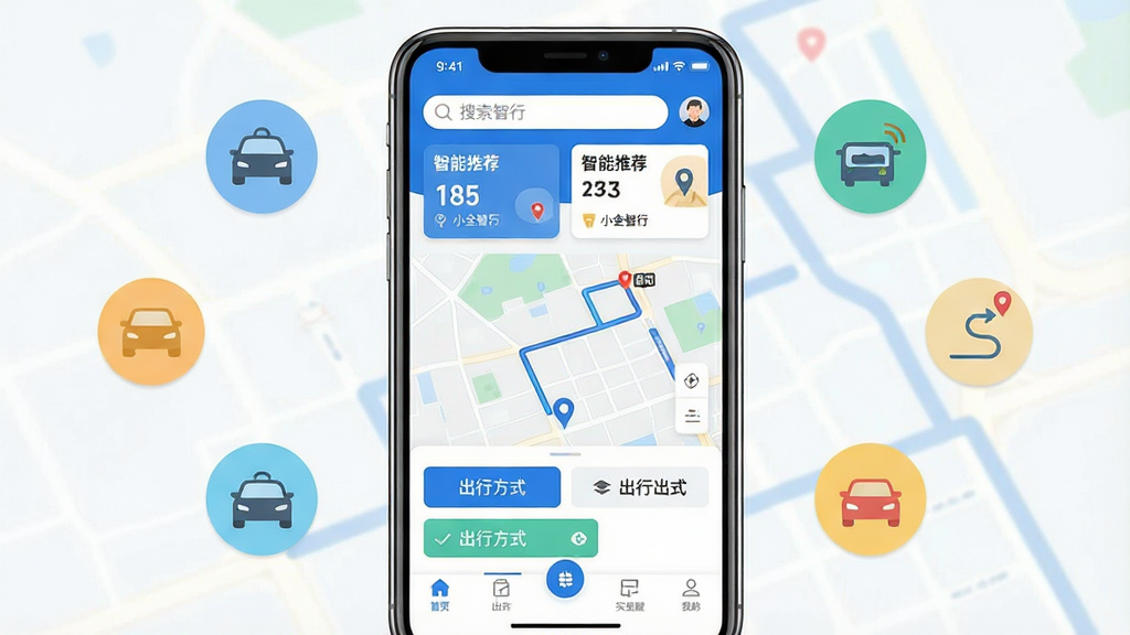 一张展示“小全智行”软件核心全貌的手机界面截图,画面中央是一部现代智能手机,屏幕上显示着“小全智行”的主界面,界面以蓝白配色为主,顶部有搜索栏和智能推荐卡片,中部是地图路线规划和出行方式选择按钮,底部导航栏清晰,整体布局简洁现代,周围环绕着代表智能出行、路线规划、实时提醒的扁平化小图标,风格干净清新,画质清晰,无多余元素