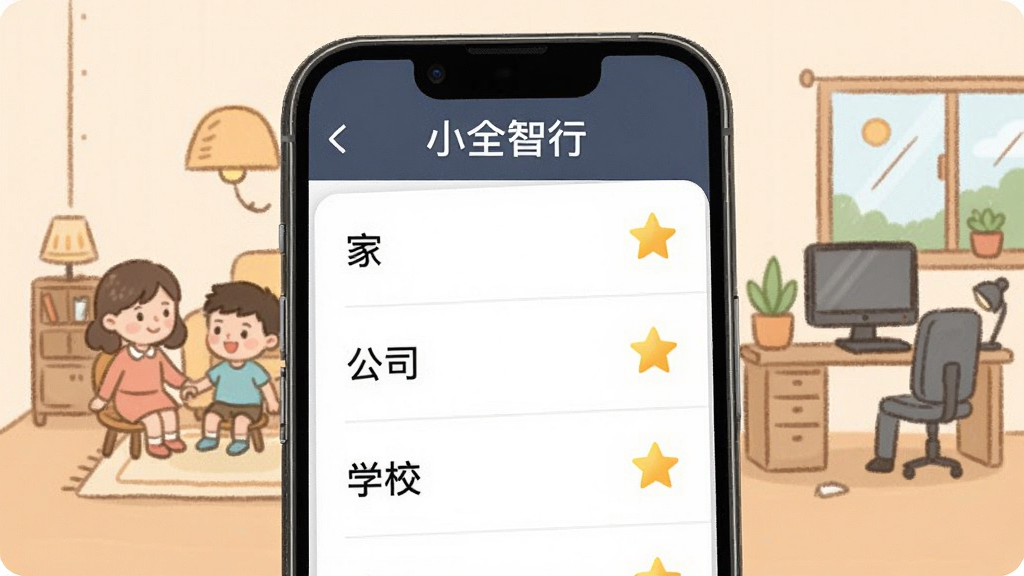 一张展示“小全智行”常用地点收藏功能的手机界面,屏幕上显示着一个收藏列表,列表中有“家”、“公司”、“学校”等标签,每个标签旁边有一个小星星图标,手机上方有“小全智行”的文字标识,背景是温馨的家庭和办公场景简笔画,风格亲切自然,画质清晰,无多余元素