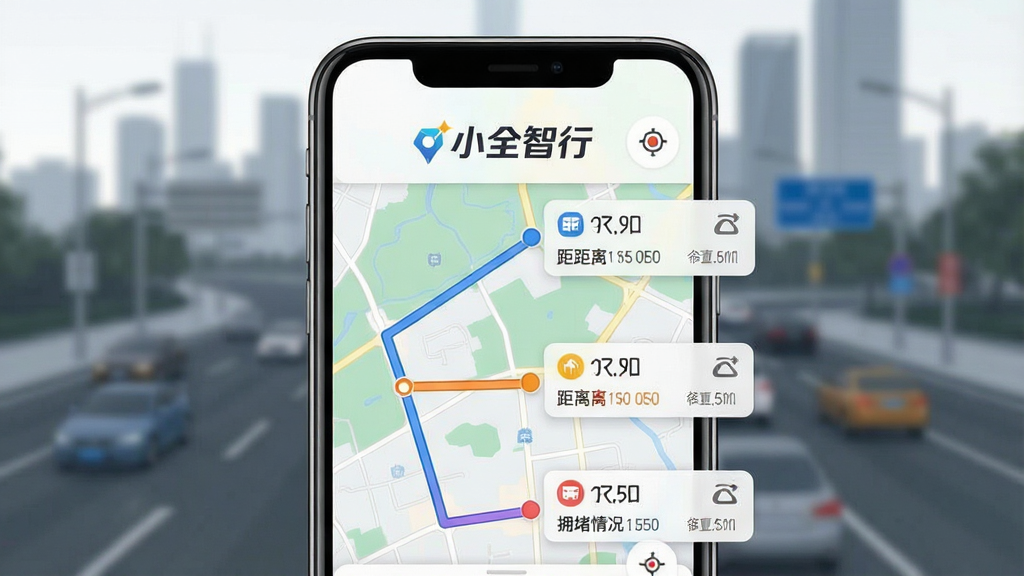 一张展示“小全智行”智能路线规划功能的界面截图,画面主体是一部手机,屏幕上显示着地图界面,地图上用不同颜色标注了三条可选路线,每条路线旁边都有用时、距离和拥堵情况的标签,手机上方有“小全智行”的Logo,背景是城市道路的虚化轮廓,风格简洁直观,画质清晰,无多余元素