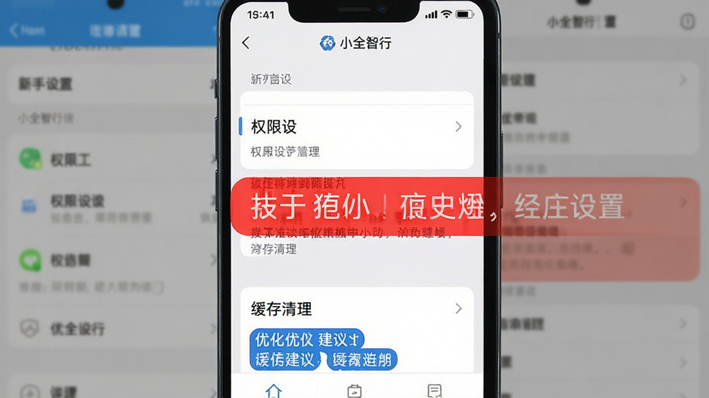 一张展示“小全智行”新手设置界面的手机截图,屏幕上显示着权限设置和缓存清理选项,界面中有醒目的红色提示文字和蓝色优化建议标签,背景是手机设置菜单的模糊效果,风格清晰实用,画质干净,无多余元素