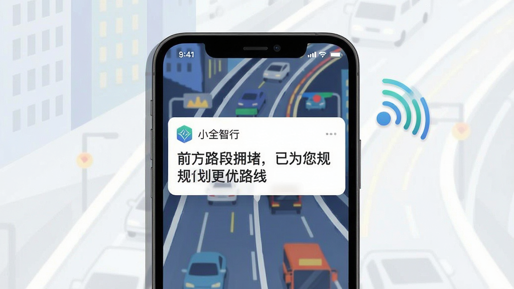 一张展示“小全智行”实时出行提醒功能的手机界面,画面中一部手机屏幕上弹出一个通知卡片,卡片上写着“前方路段拥堵,已为您规划更优路线”,背景是城市交通流动的抽象线条,手机旁边有一个代表实时信号的小雷达图标,风格现代扁平,画质干净,无多余元素