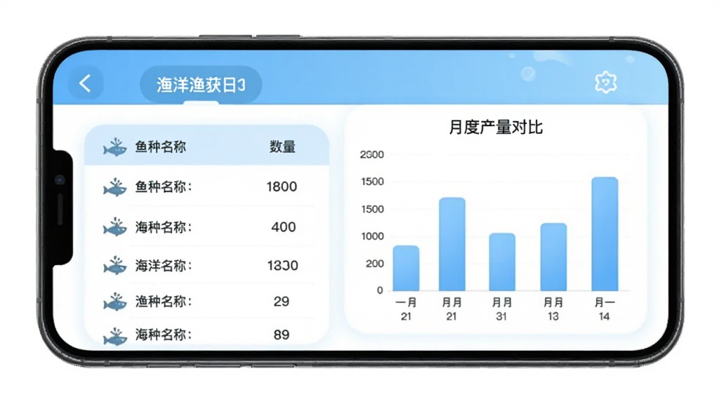 海洋渔业App渔获日志页面,手机屏幕显示表格和柱状图,表格里有鱼种名称和数量,柱状图展示月度产量对比,界面以白色和浅蓝为主,图标圆润,文字清晰,风格简洁实用,画质干净无多余元素。