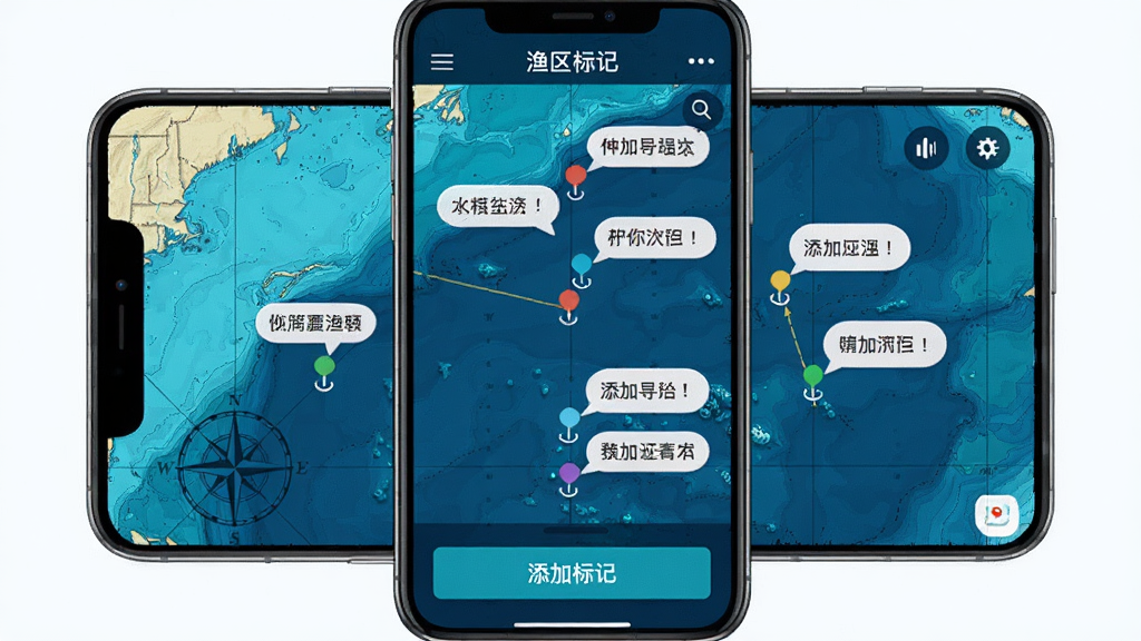 海洋渔业App渔区标记界面,手机屏幕显示海图背景,上面有多个彩色标记点,每个点旁边有小气泡显示备注文字,底部有“添加标记”按钮,界面以深蓝和青色为主,风格像航海图,细节清晰,画质干净无多余元素。