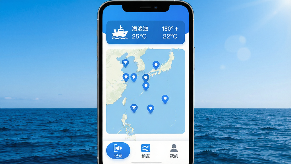 海洋渔业App主界面展示,手机屏幕居中,背景是深蓝色海洋与晴朗天空,界面顶部显示当前海况图标和温度,中间是渔区地图标记点,底部有“记录”“预报”“我的”三个标签,整体风格简洁现代,蓝白配色,圆角图标,画质清晰干净,无多余元素。