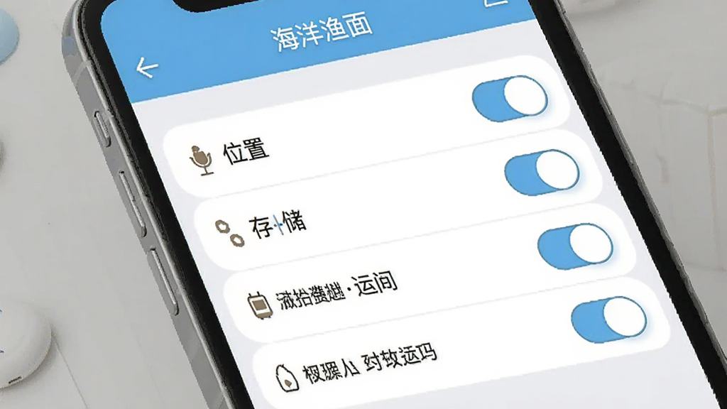 海洋渔业App设置页面截图,手机屏幕显示权限开关列表,包括位置、存储、后台运行等选项,界面以白色和浅蓝为主,开关按钮圆润,文字清晰,风格简洁,画质干净无多余元素。