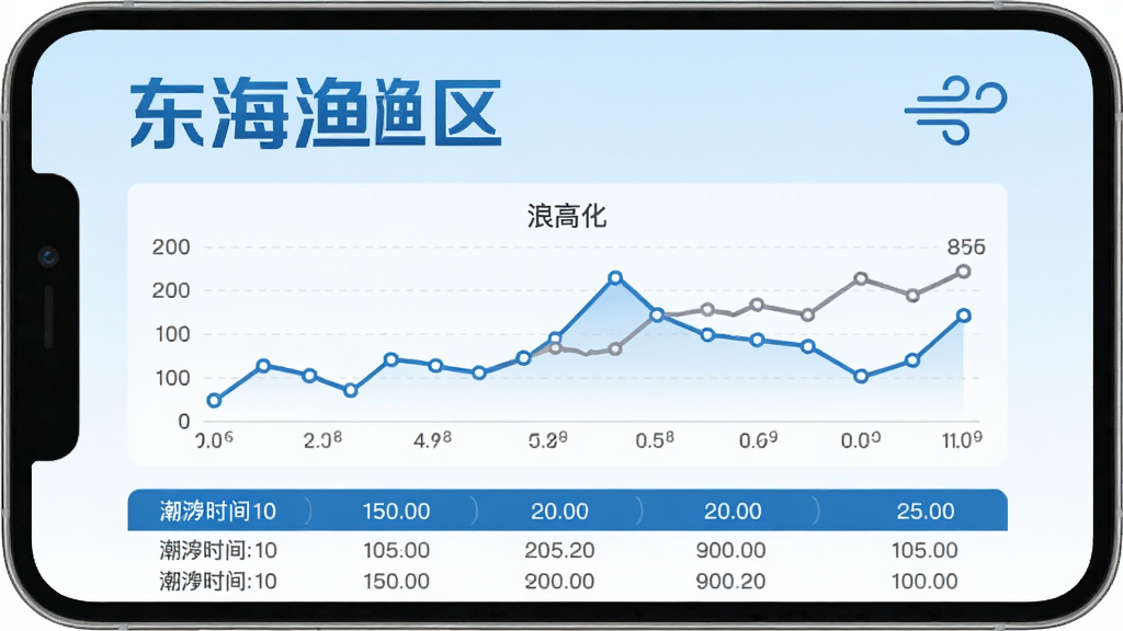 海洋渔业App海况预报页面,手机屏幕竖屏显示,背景是淡蓝色渐变,页面顶部大字“东海渔区”和风力图标,中间是折线图展示浪高变化,下方有潮汐时间表,界面干净,文字清晰,蓝白灰配色,风格专业简洁,画质干净无多余元素。