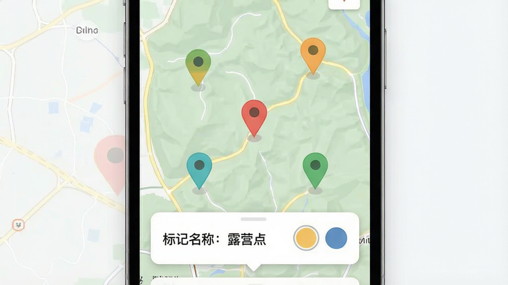 一张展示山水地图发现应用内位置标记与收藏功能的界面图,画面中手机屏幕上显示着地图,地图上有几个不同颜色的标记点,屏幕下方弹出一个小窗口,窗口里写着“标记名称:露营点”,旁边有颜色选择按钮,整体布局清晰,风格现代,画质干净,无多余元素