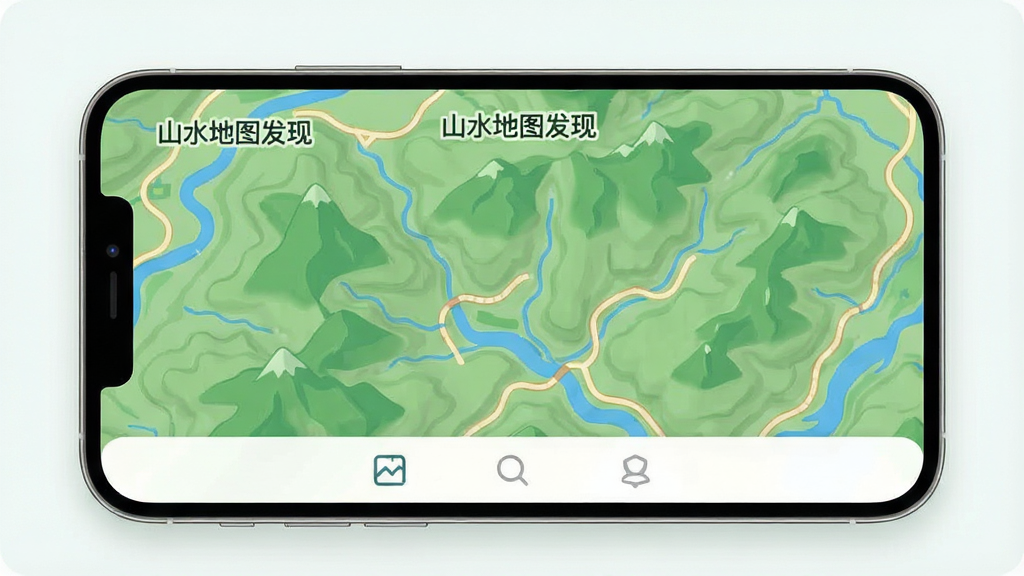 一张手机屏幕展示着山水地图发现应用的主界面,画面中央是清晰的地形图,上面有绿色的山体、蓝色的河流和蜿蜒的小路,地图上标注着“山水地图发现”的文字,界面底部有简洁的导航栏,整体布局干净整洁,风格现代扁平化,细节圆润,画质清晰,无多余元素