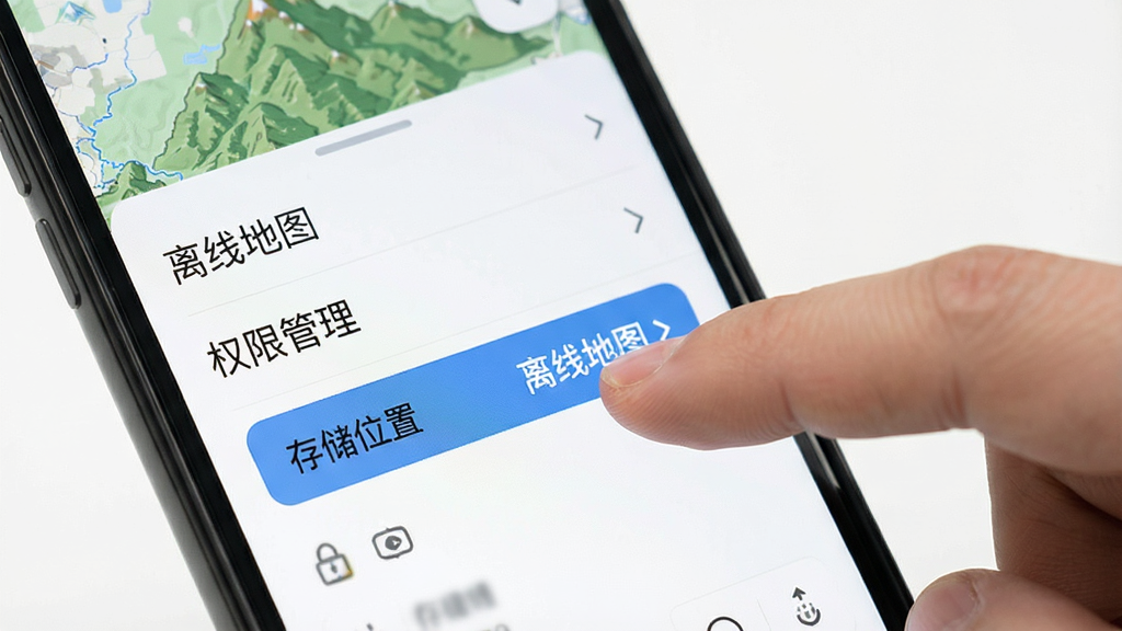 一张展示手机屏幕上山水地图发现应用设置界面的图片,界面上有“离线地图”、“权限管理”、“存储位置”等选项,旁边有一个手指正在点击“离线地图”按钮,背景是简洁的白色界面,风格清晰,画质干净,无多余元素