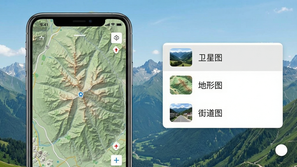 一张展示山水地图发现应用内地图图层切换功能的界面截图,画面左侧是手机屏幕,屏幕上显示着地形图,右侧是图层选择菜单,菜单里有“卫星图”、“地形图”、“街道图”的选项,背景是清晰的山水地图,风格简洁现代,画质干净,无多余元素