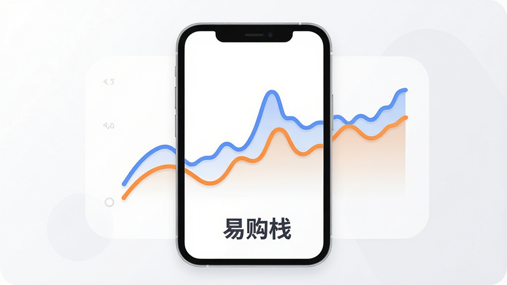 一张展示“易购栈”价格走势功能的AI生图,画面中央是一个手机屏幕,屏幕上显示着一条起伏的折线图,折线下方有“易购栈”的文字标识,背景是简洁的白色和浅灰色,折线用蓝色和橙色区分不同商品,风格现代扁平,细节圆润,画质干净,无多余元素