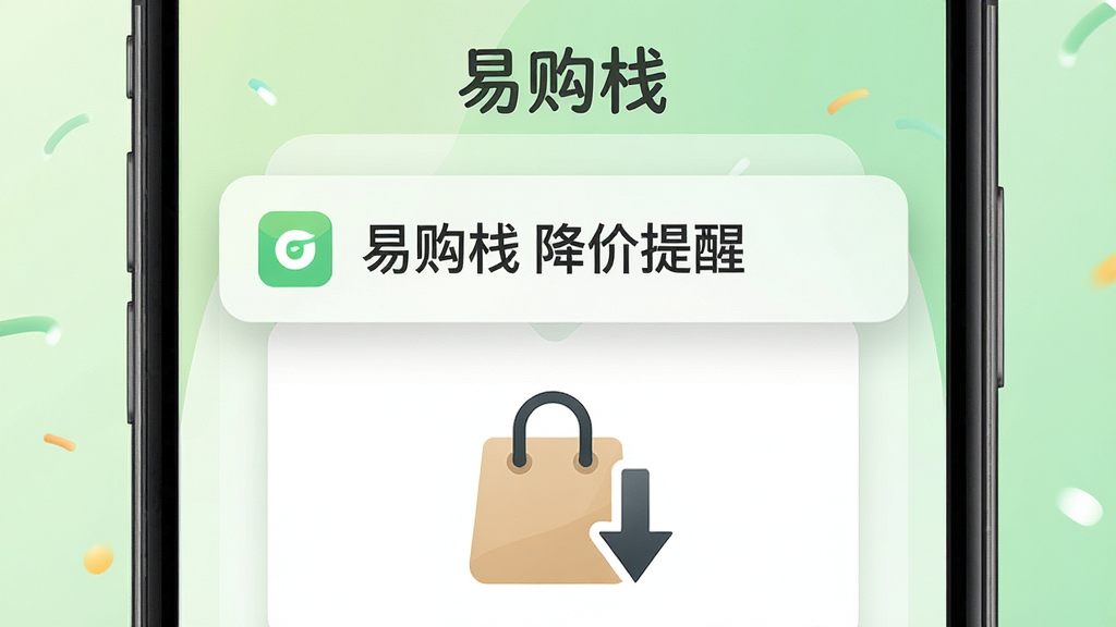 一张关于“易购栈”降价提醒功能的AI生图,画面主体是一个手机通知弹窗,弹窗内写着“易购栈 降价提醒”,弹窗下方是一个购物袋图标和一条向下的箭头,背景是柔和的浅绿色渐变,风格简洁明快,细节清晰,画质干净,无多余元素