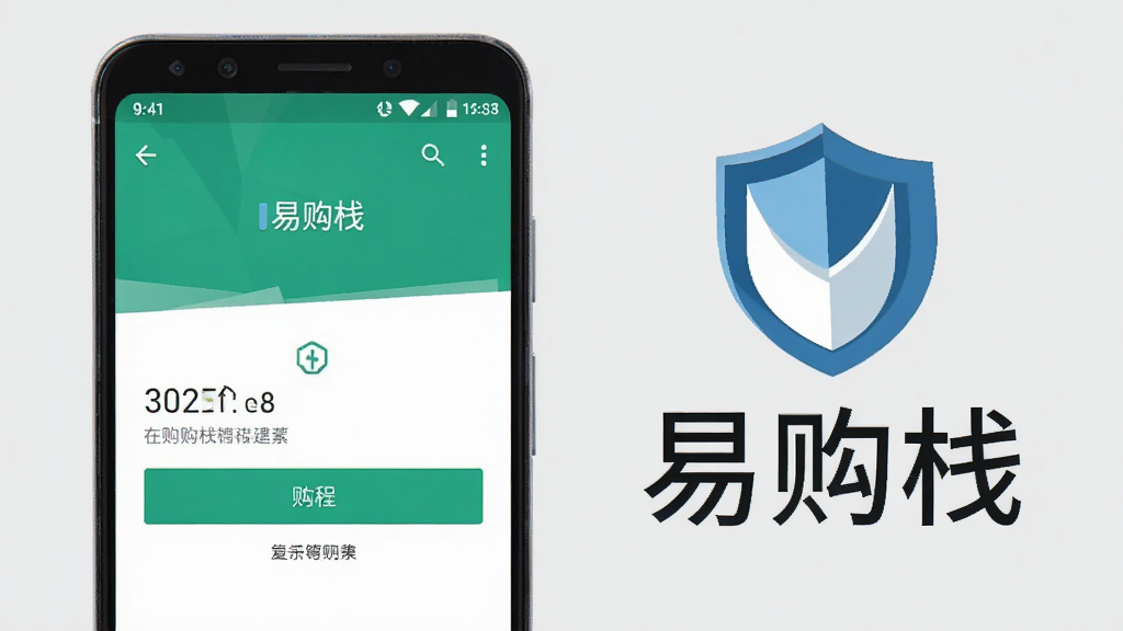 一张展示安卓手机安装“易购栈”过程的AI生图,画面主体是一部手机,屏幕上显示着安装权限设置的界面,旁边有一个盾牌图标和“易购栈”文字,背景是浅灰色,风格简洁明了,细节清晰,画质干净,无多余元素