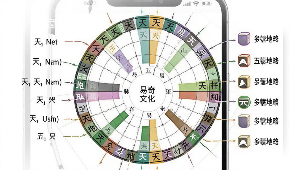 一张展示易奇文化排盘结果的手机截图风格图片,画面中排盘表格清晰,天干地支用不同颜色高亮,旁边有小的文字标注解释五行含义,整体风格简洁专业,画质锐利,无杂乱元素。