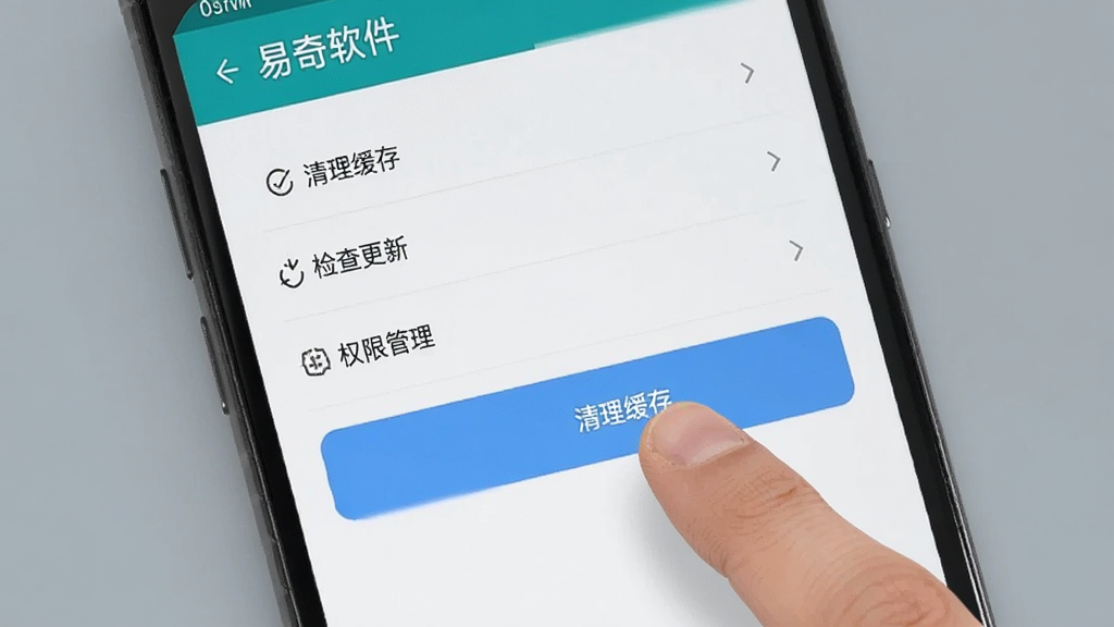 一张展示易奇文化软件设置界面的图片,画面中手机屏幕上有清理缓存、检查更新、权限管理等选项,旁边有一个手指正在点击“清理缓存”按钮,背景是简洁的灰色调,整体风格实用、清晰,画质干净。