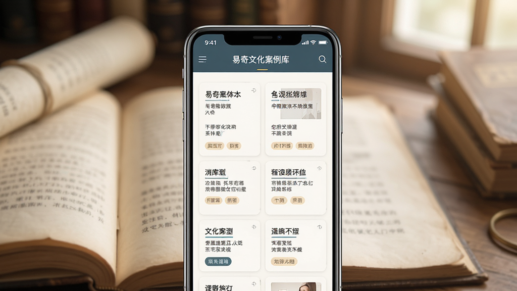 一张展示易奇文化案例库界面的图片,画面中手机屏幕上排列着多个案例卡片,每个卡片上有简短的标题和标签,背景是柔和的书卷气息,整体风格整洁、有条理,画质清晰,无多余装饰。