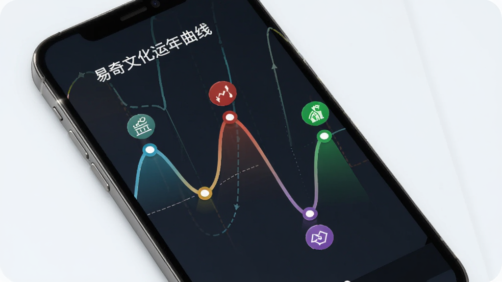 一张展示易奇文化流年运势曲线图的图片,画面中手机屏幕上有一条波浪形的曲线,曲线上有不同颜色的高点和低点,旁边有图标代表事业、感情、健康,背景是简洁的浅色,整体风格现代、清晰,画质干净。