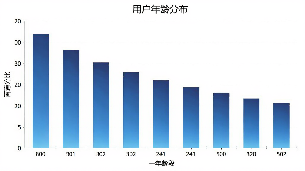 一张展示易奇文化用户年龄分布的柱状图,图表标题为“用户年龄分布”,横轴是年龄段,纵轴是百分比,柱子颜色为渐变的蓝色,图表风格简洁专业,背景干净,画质清晰。
