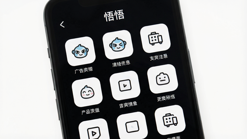 一张展示“悟悟”软件无广告清爽界面的图片,主体是手机屏幕,布局为功能网格,排版展示多个功能入口图标,风格极简扁平,细节图标线条统一,画质干净无多余元素,背景为白色。