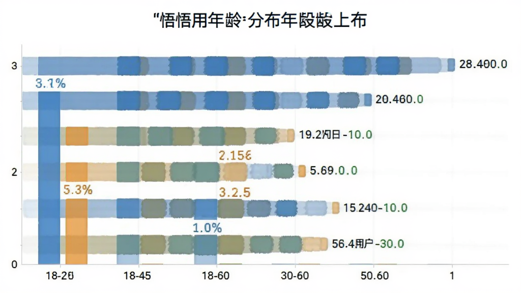 一张展示“悟悟”软件用户年龄分布柱状图的图片,主体是数据可视化图表,布局为横向柱状图,排版清晰展示18-60岁不同年龄段的用户占比,风格商务简洁,细节数据标签明确,画质干净无多余元素,背景为白色。