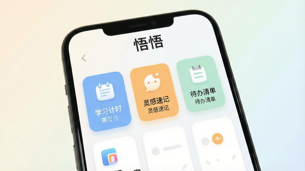 一张展示“悟悟”软件核心界面的图片,主体是一个简洁现代的移动应用主屏幕,布局清晰,顶部显示“悟悟”文字标识,中间是功能卡片式排版,包含学习计时、灵感速记、待办清单等图标,排版有序,风格清新简约,细节圆润柔和,画质干净无多余元素,背景为浅色渐变。