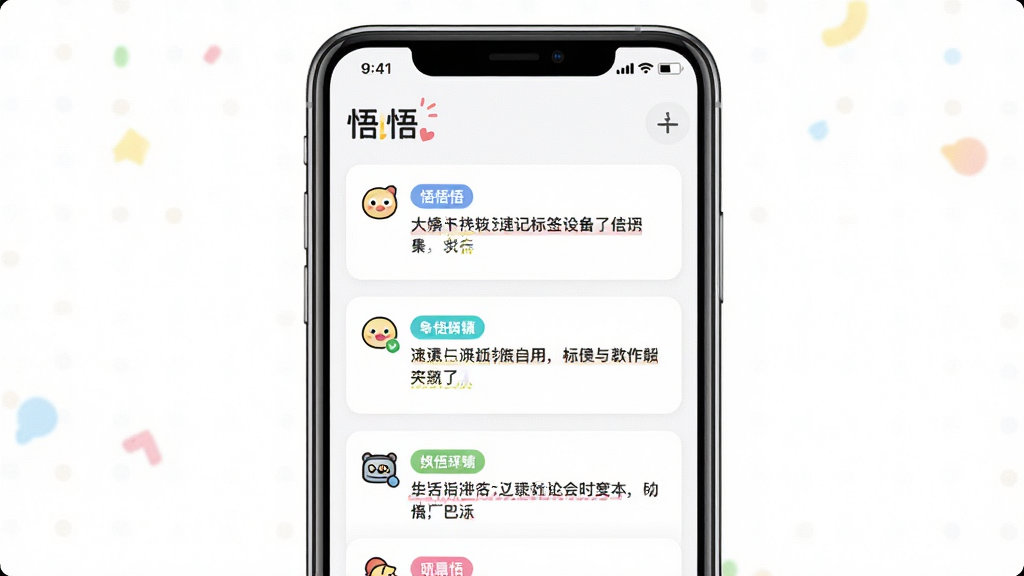 一张展示“悟悟”软件速记与标签管理界面的图片,主体是手机屏幕,布局为卡片流形式,排版展示多条带有彩色标签的短文本笔记,风格轻快活泼,细节图标清晰,画质干净无多余元素,背景为纯白色。